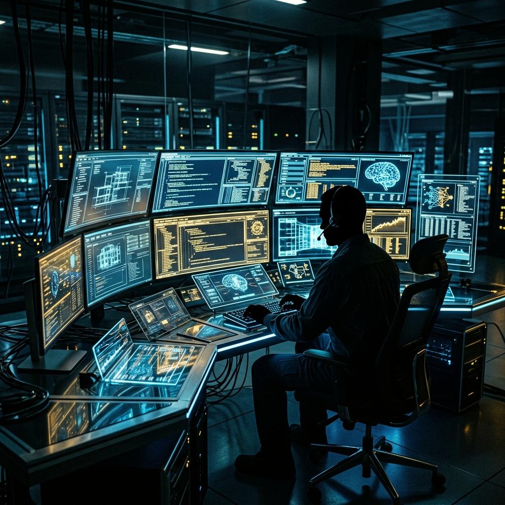 Master engineer silhouette at futuristic AI terminal